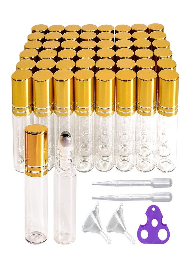 PYAWI 50 PCS 5ml Clear Glass Essential Oil Roller Bottles with Stainless Steel Roller Ball,Gold Caps,for Travel Perfume-2 Funnels, 2 Dropper, 1 Opener (5ml) - Image 1